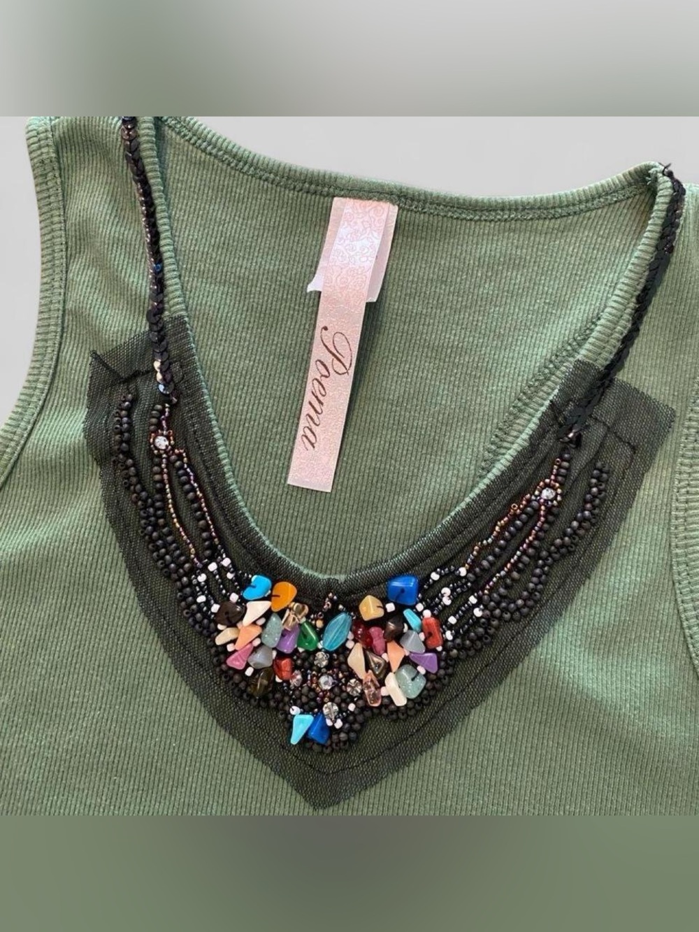 Vintage Y2K Poema Olive Beaded Embellished Ribbed Tank Top